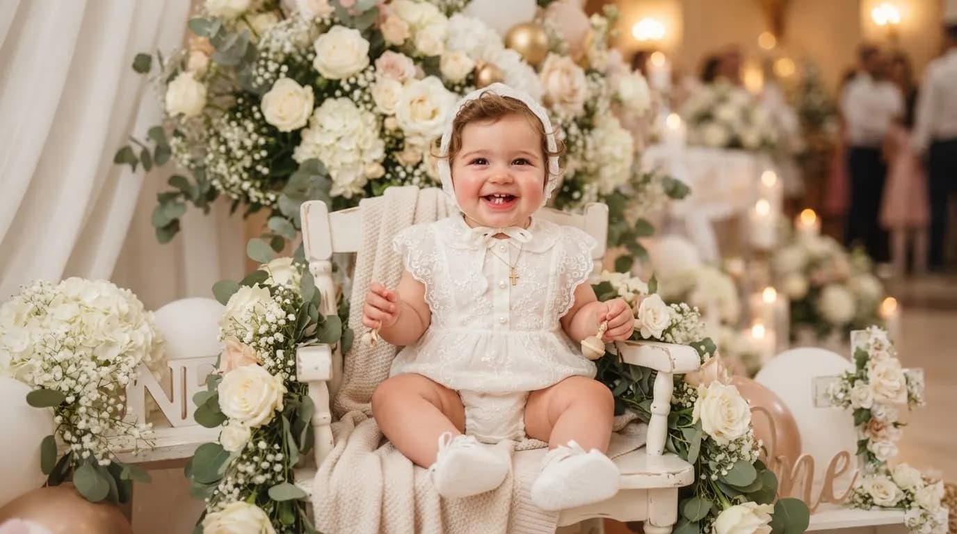Bebé en su bautizo con decoración floral