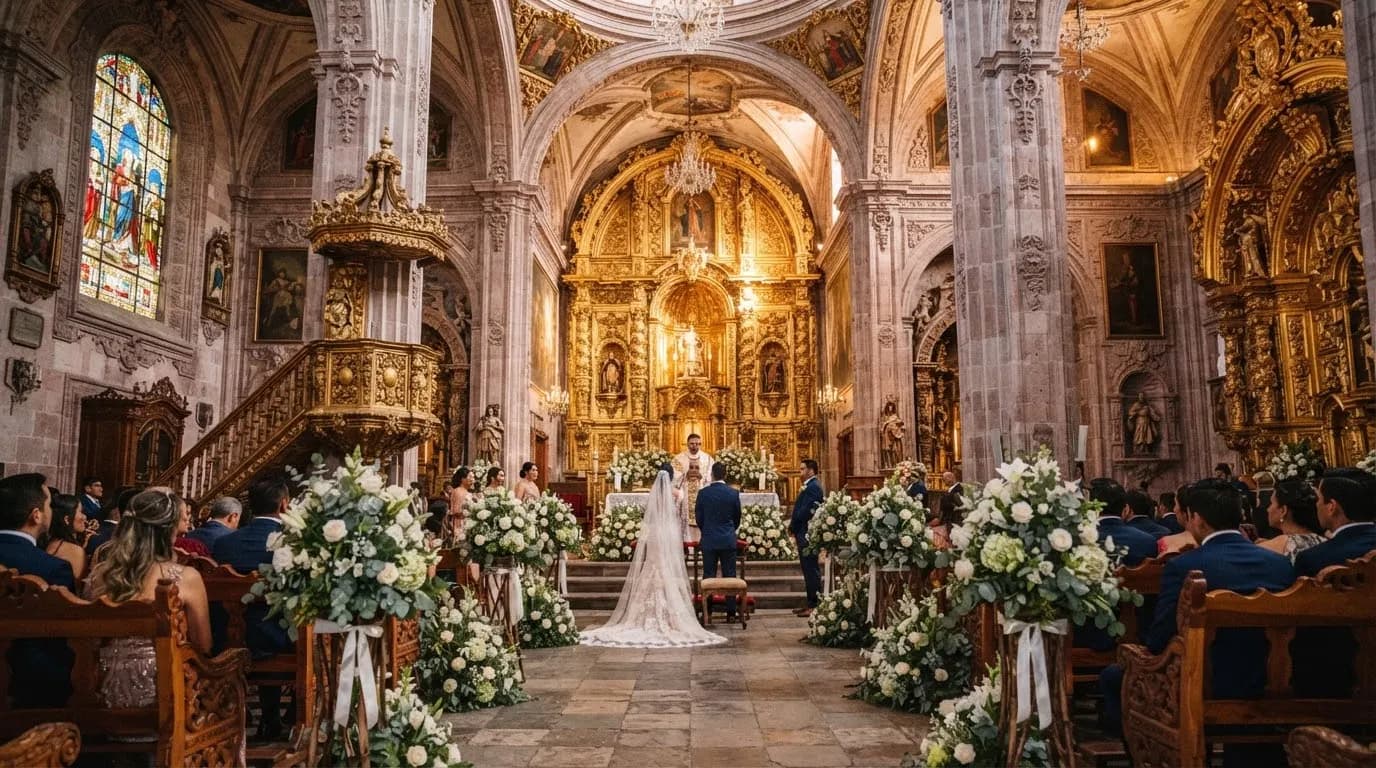 Templo barroco mexicano con arreglos florales